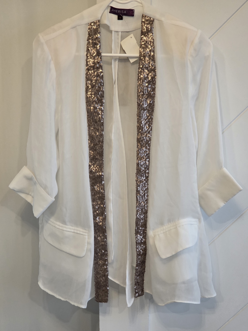 White Open-Front Blazer with Gold Sequin Trim